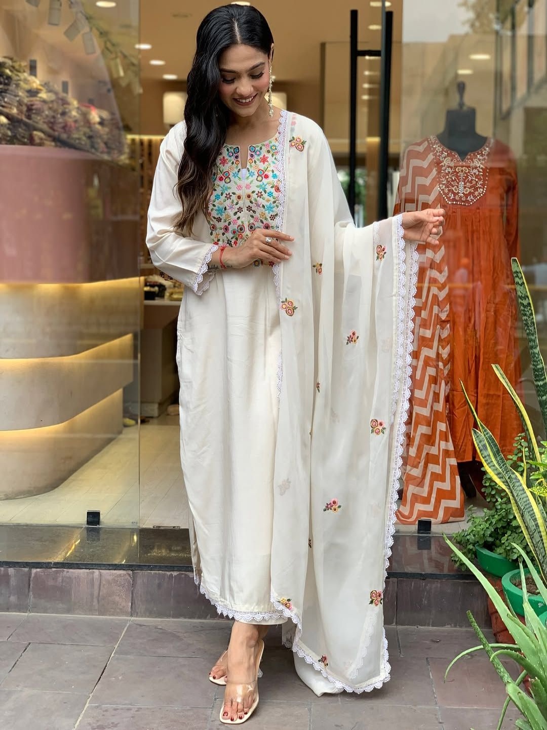 

KALINI Floral Embroidered Notch Neck Straight Kurta with Trousers & Dupatta, Off white