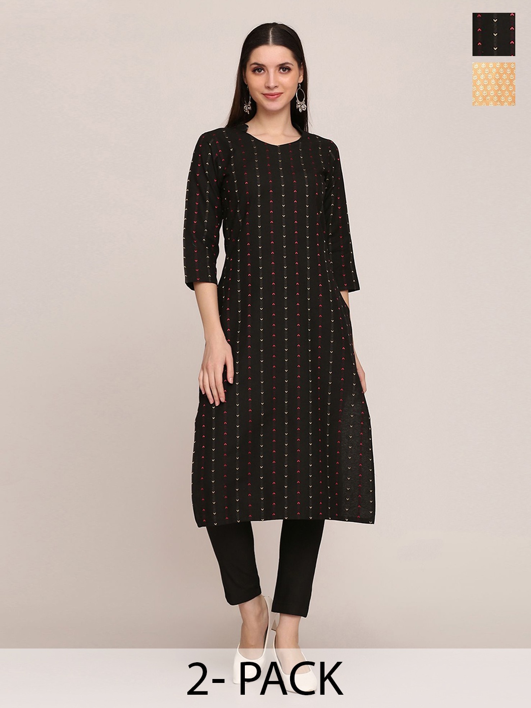 

KALINI Selection Of 2 Striped Printed Straight Kurtas With Trousers, Black