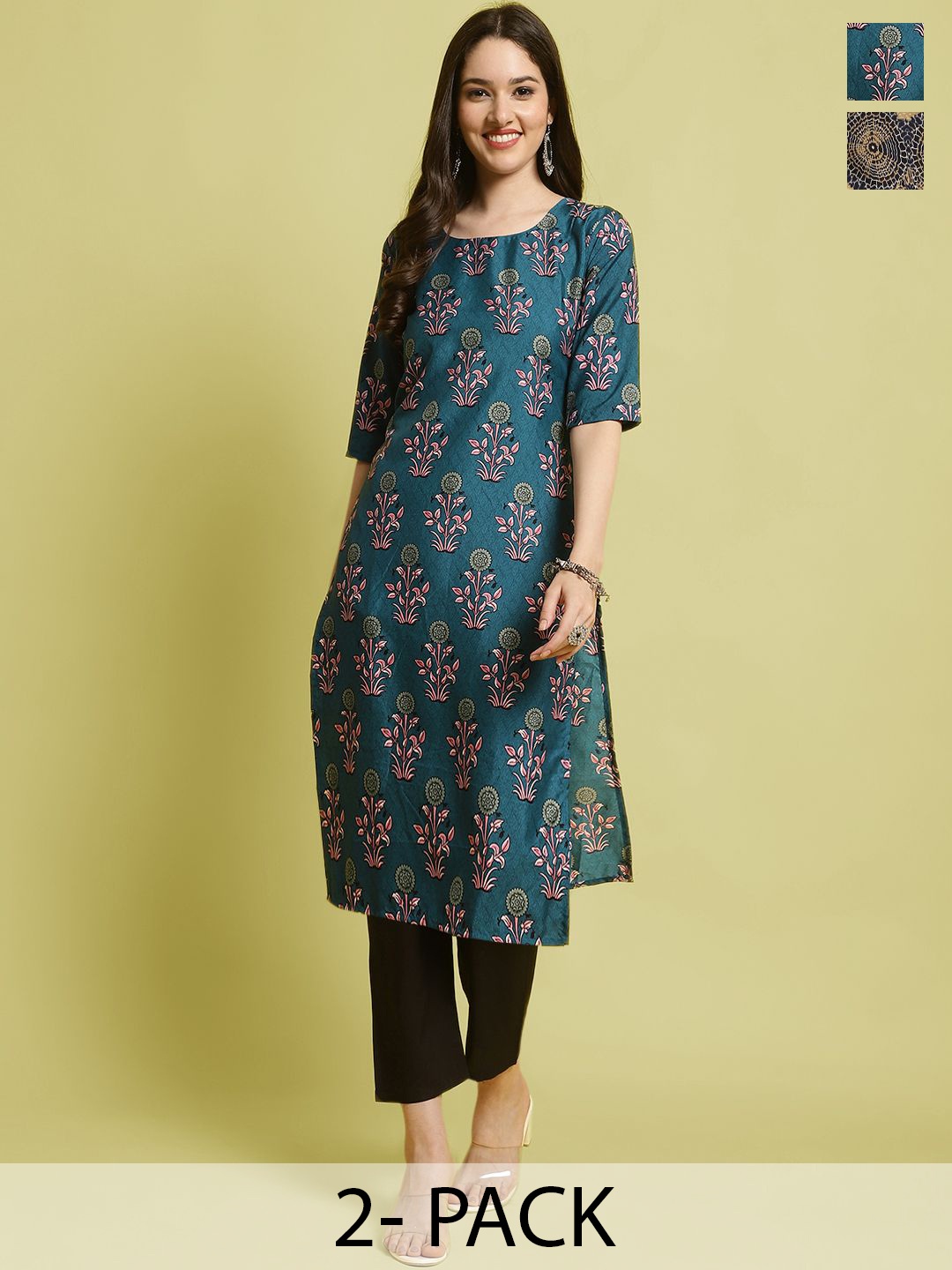 

7Threads Selection Of 2 Floral Printed Straight Kurta With Trousers, Teal