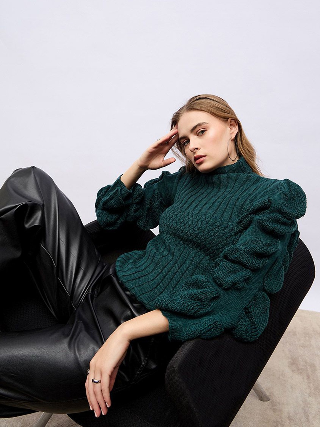 

Styli Women High Neck Regular Fit Sleeve Detail Sweater, Green