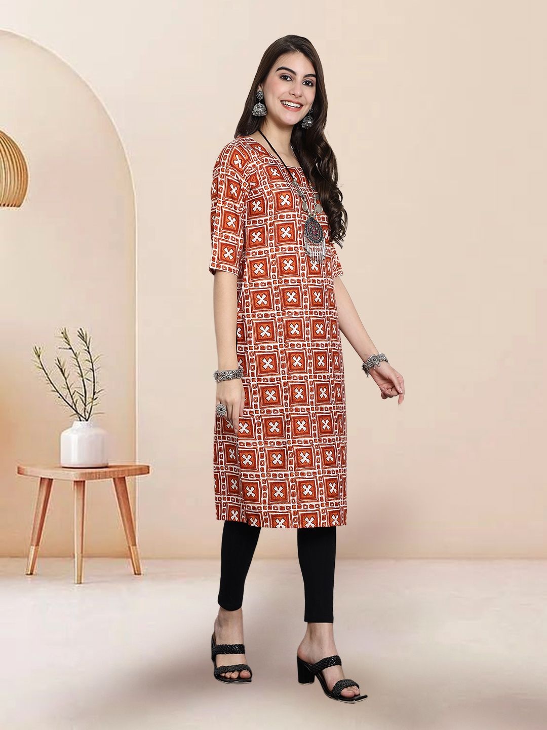 

7Threads Selection Of 2 Ethnic Motifs Printed Round Neck Straight Kurtas, Rust