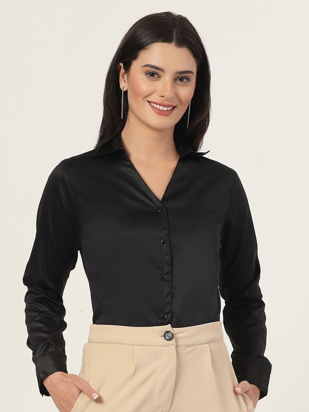 

Style Quotient Women Smart Fit Spread Collar Solid Satin Formal Shirt, Black