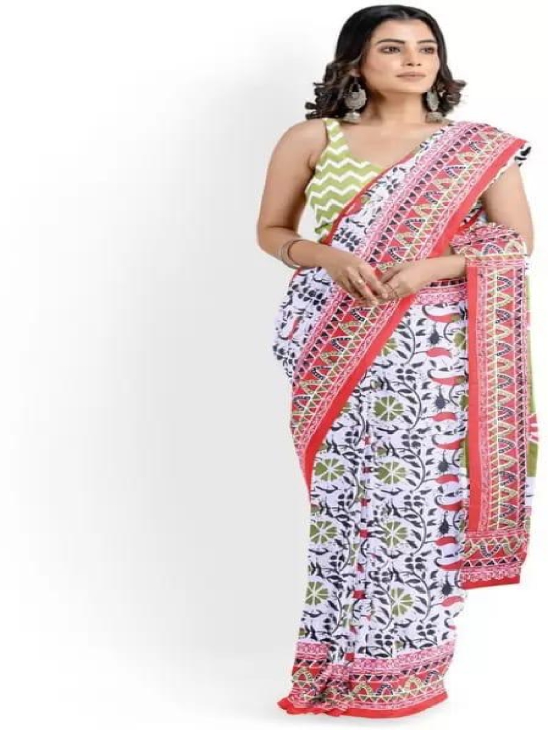 

KIAARON Floral Linen Blend Block Print Saree, Red