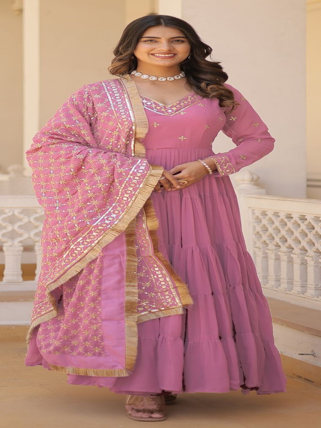 

KALINI Ethnic Motifs Embroidered V-Neck Georgette Maxi Gown With Dupatta, Pink