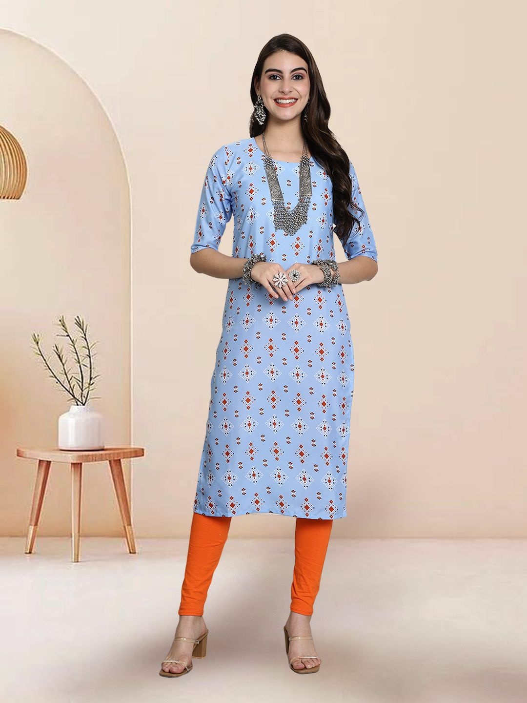 

7Threads Selection Of 4 Geometric Printed Round Neck Straight Kurtas, Blue