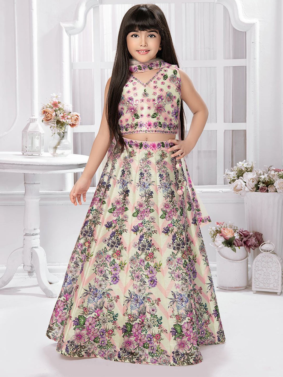 

Tiny Kingdom Girls Printed Ready to Wear Lehenga & Blouse With Dupatta, Pink