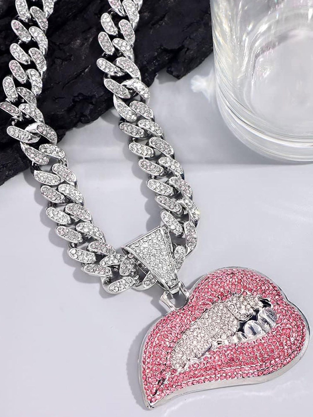 

Krelin Men Silver-Plated Stone Studded Stainless Steel HipHop Bite Lip Shape Pendant Chain