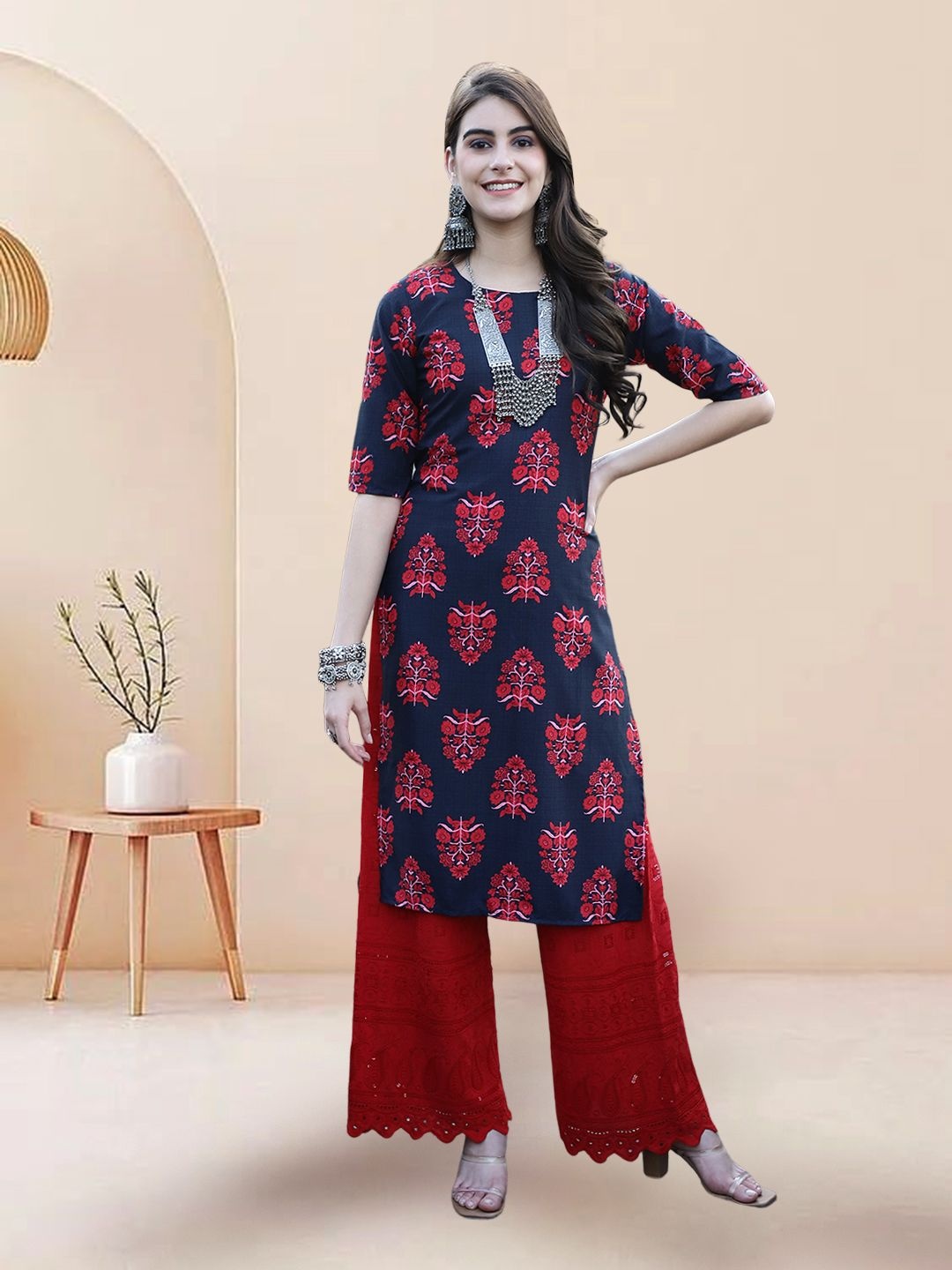 

7Threads Selection Of 5 Floral Printed Round Neck Straight Kurtas, Navy blue