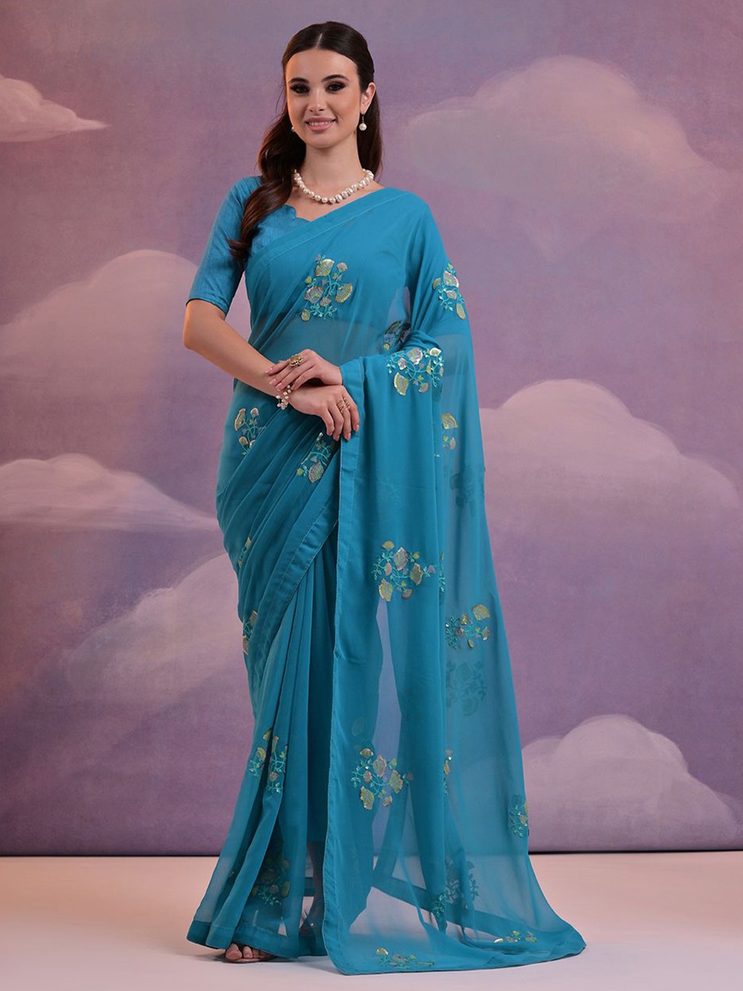 

KALINI Embellished Sequinned Poly Georgette Saree, Blue