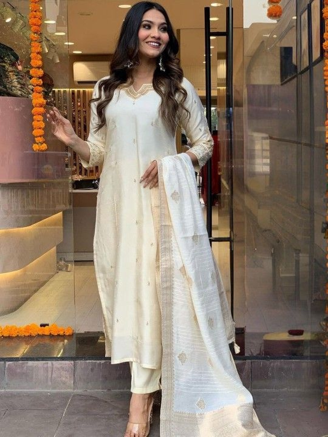 

Siya Fashion Floral Embroidered Thread Work Straight Kurta With Trouser & Dupatta, White