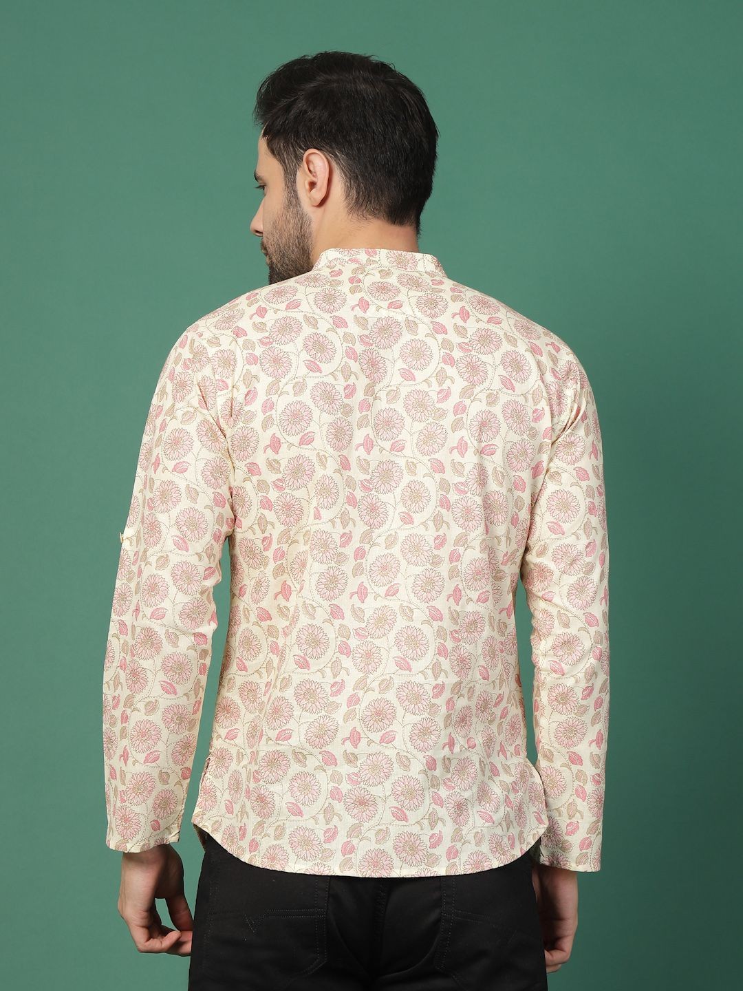 

Ramas Floral Printed Mandarin Collar Pure Cotton Straight Kurta, White