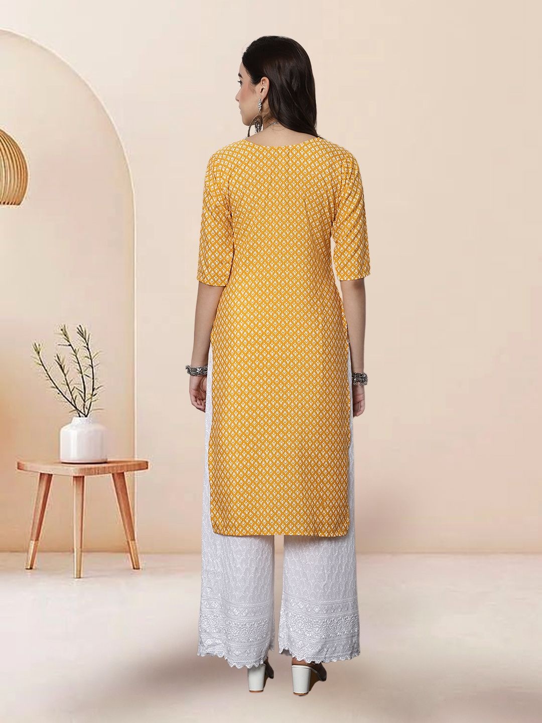 

7Threads Selection Of 6 Floral Printed Round Neck Straight Kurtas, Yellow