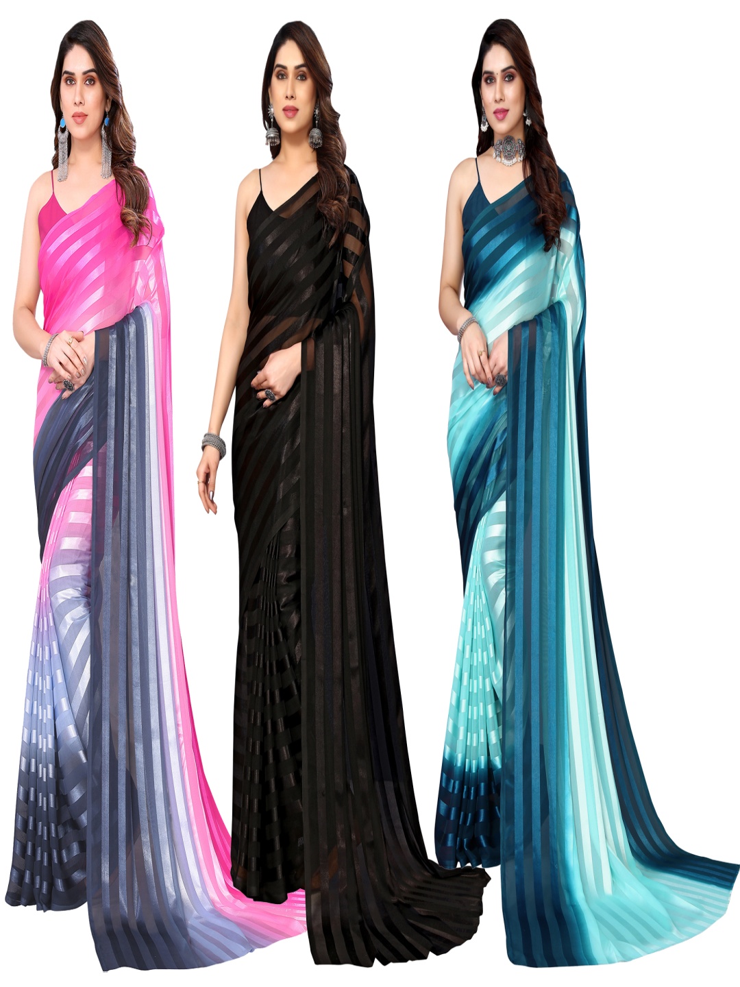 

ANAND SAREES Striped Satin Saree, Black