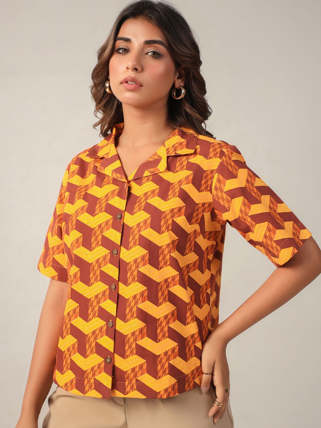 

June 9 Clothing Women Classic Boxy Opaque Printed Casual Shirt, Yellow