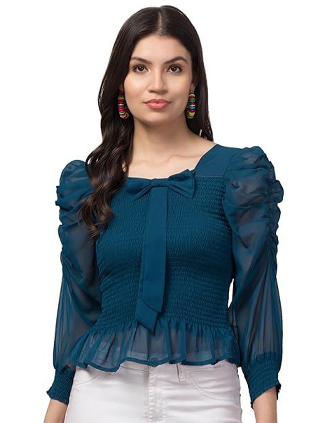 

My Swag Smocked Georgette Top, Turquoise blue