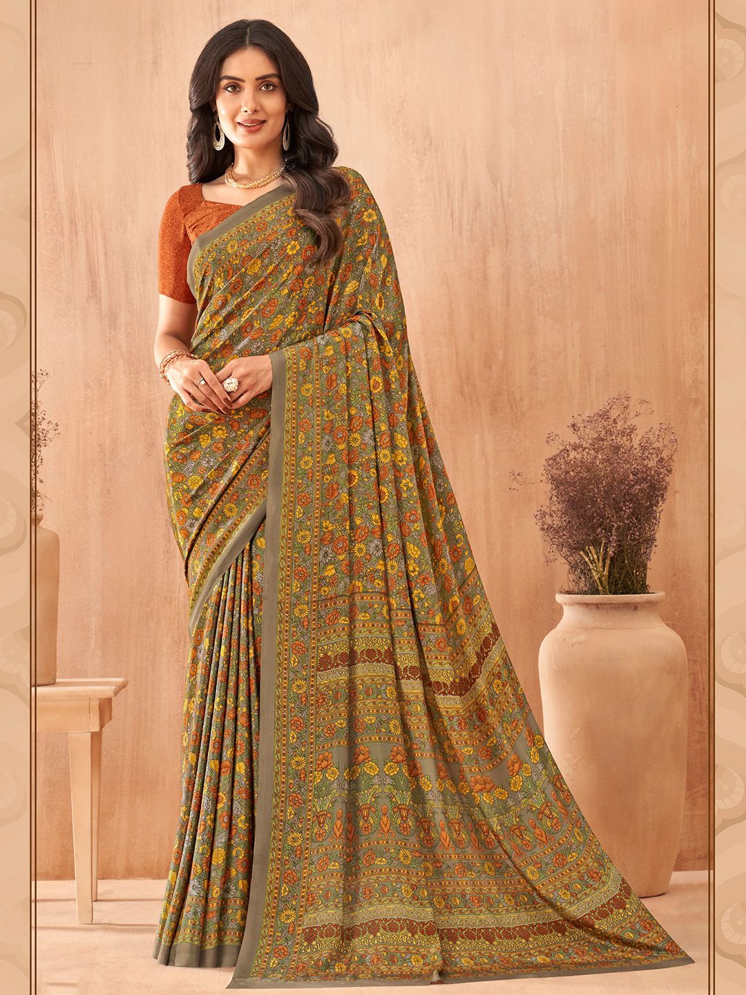 

Panzora Floral Poly Crepe Designer Saree, Mustard