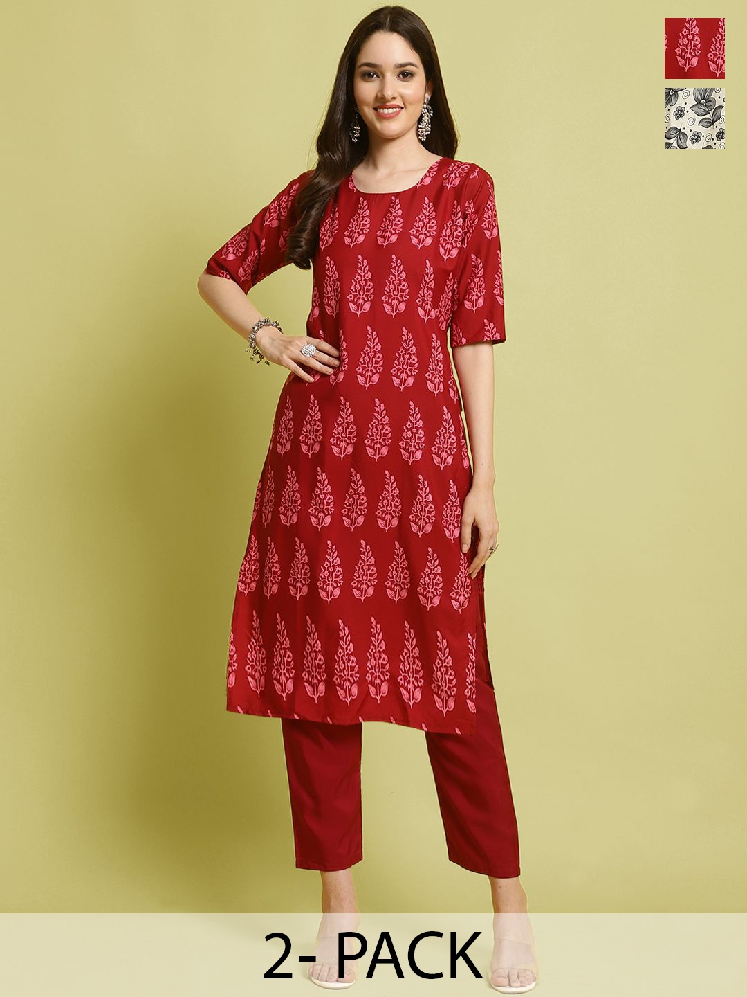 

7Threads Selection Of 2 Floral Printed Straight Kurta With Trousers, Red