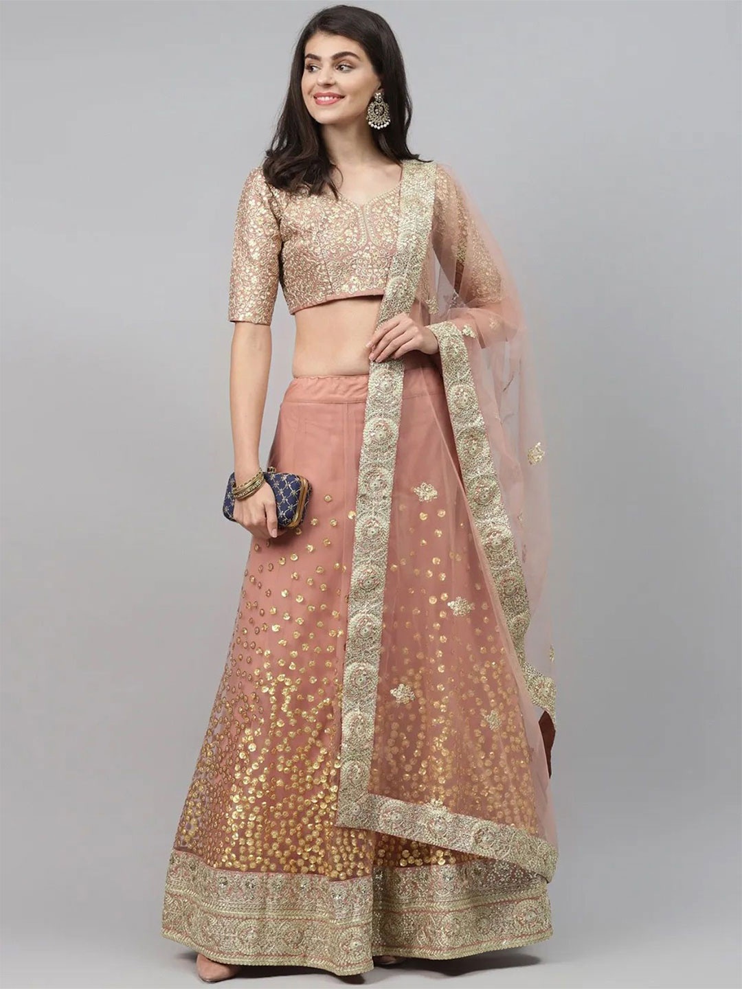 

DIVINE EXIM Embroidered Sequinned Semi-Stitched Lehenga & Unstitched Blouse With Dupatta, Brown