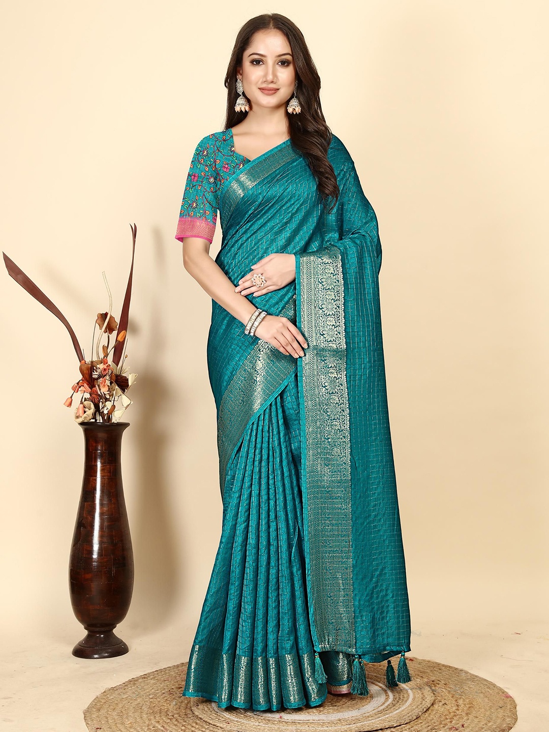 

J 6 DESIGNER Woven Design Zari Art Silk Block Print Saree, Teal