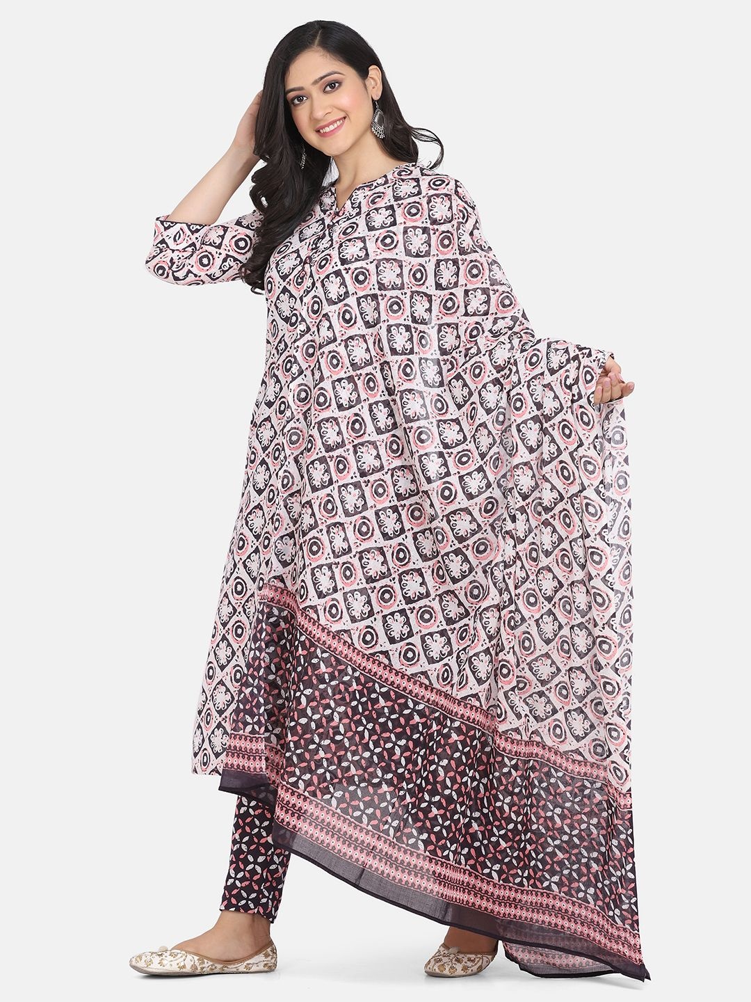 

KALINI Selection Of 2 Ethnic Motifs Printed Notch Neck Straight Kurtas With Trousers, White