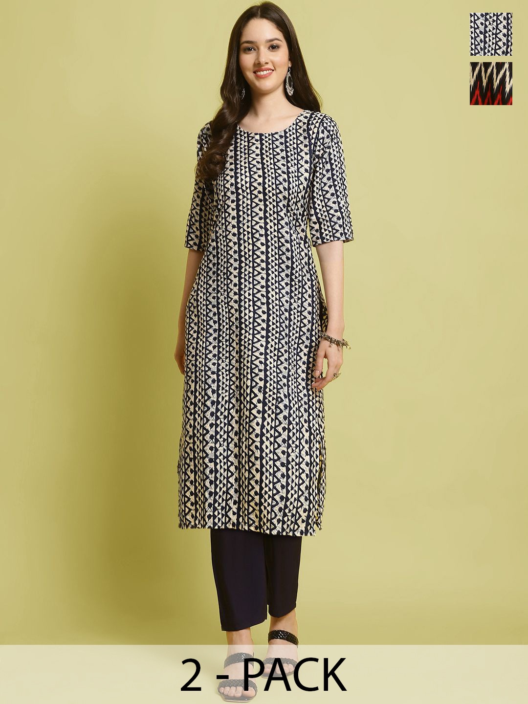 

7Threads Selection Of 2 Geometric Printed Round Neck Straight Kurtas With Trousers, White