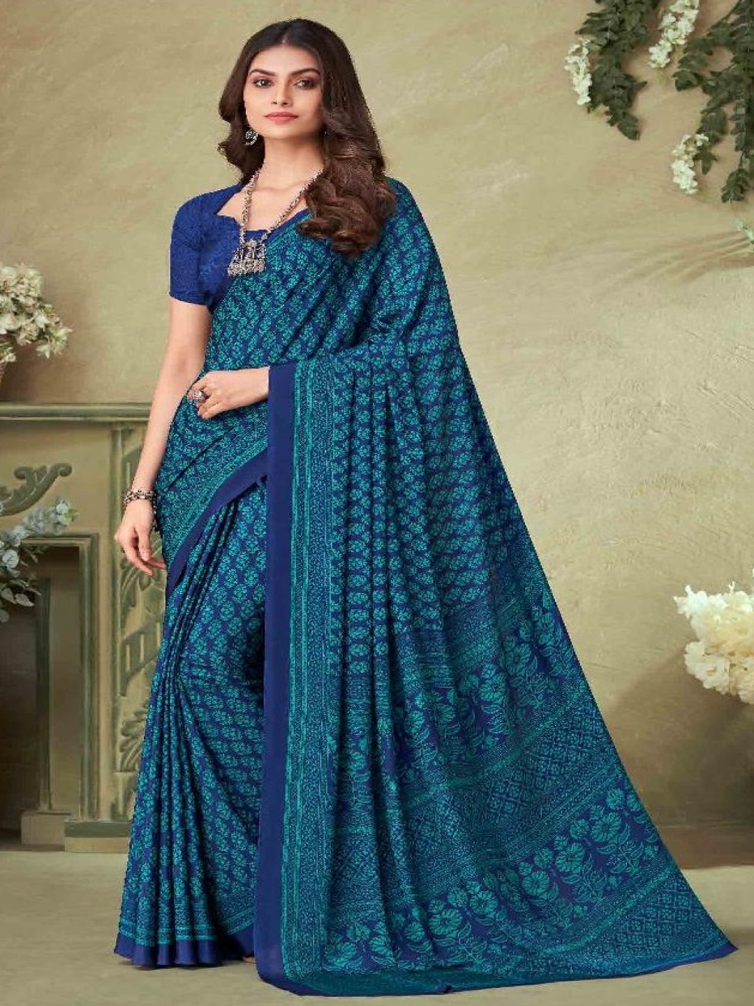 

Reboot Fashions Floral Pure Crepe Saree, Blue