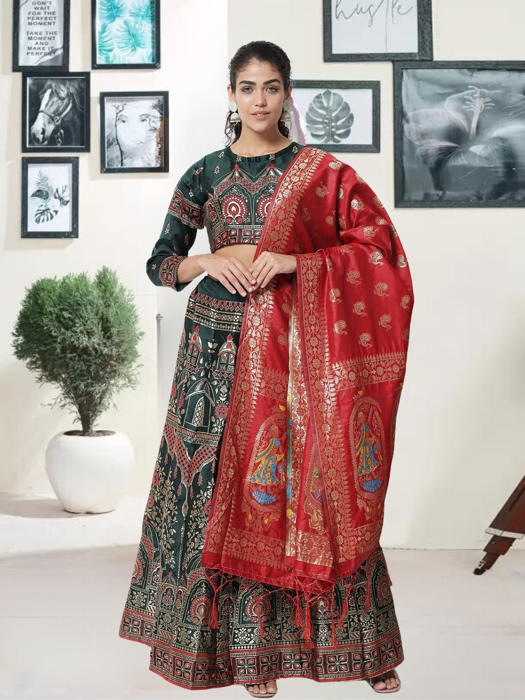 

MAGMINA Woven Design Zari Jacquard Semi-Stitched Lehenga & Unstitched Blouse With Dupatta, Green