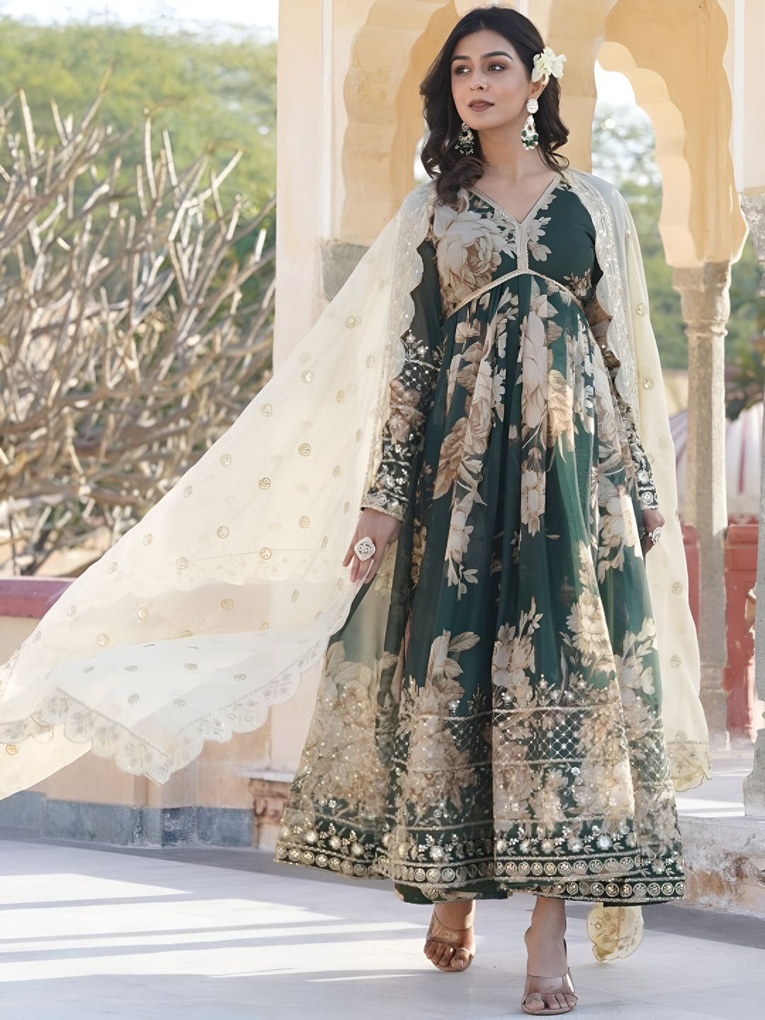 

Fusionic Women Floral Printed Embroidered Empire Ethnic Dress with Dupatta, Green