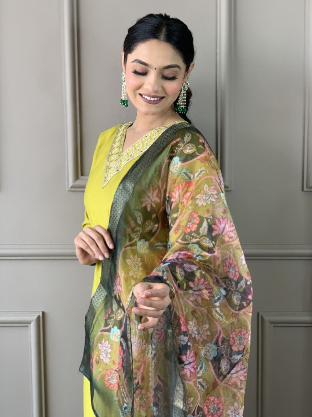 

Siya Fashion Embroidered V-Neck Straight Kurta With Trousers And Dupatta, Fluorescent green