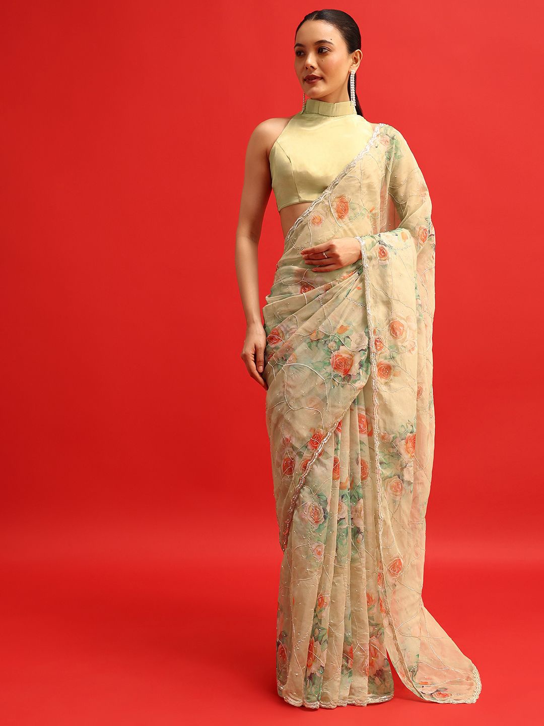 

KALKI Fashion Floral Organza Saree, Beige