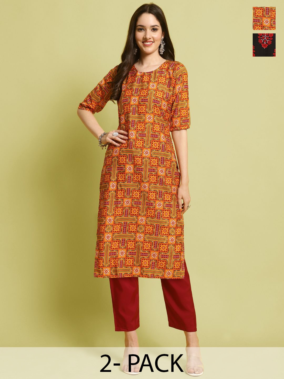 

7Threads Selection Of 2 Ethnic Motifs Printed Straight Kurta With Trousers, Yellow