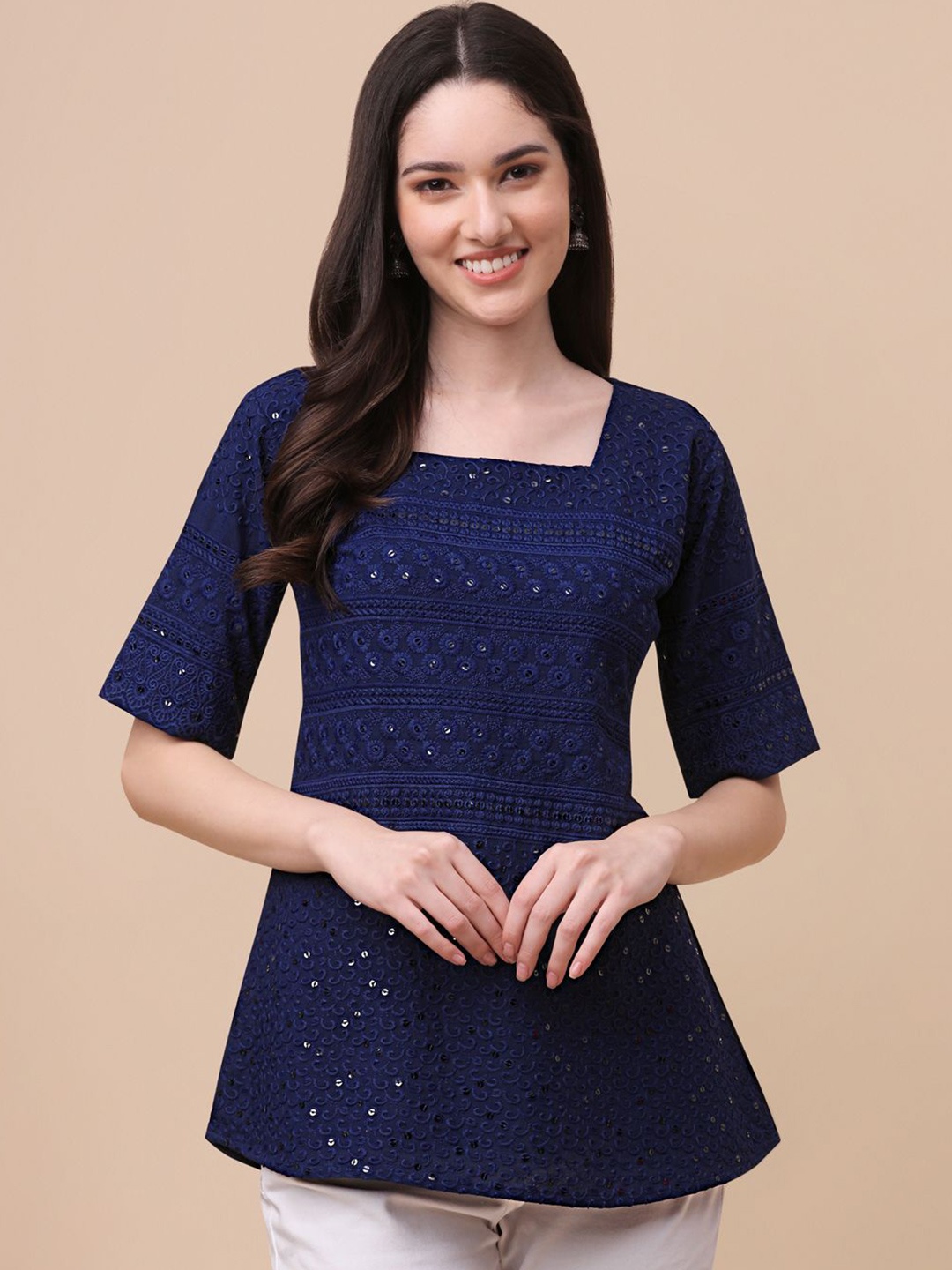 

RIEKA Embroidered Ethnic Top, Navy blue