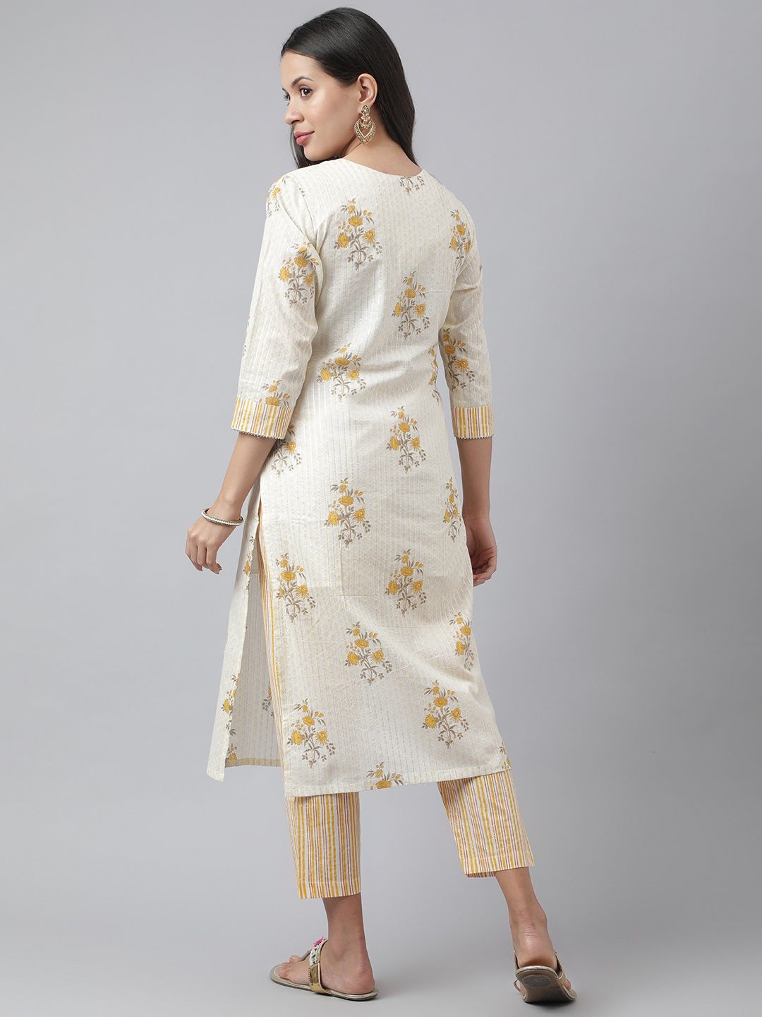 

Moda Rapido Floral Printed V-Neck Straight Pure Cotton Kurta With Trousers, Cream