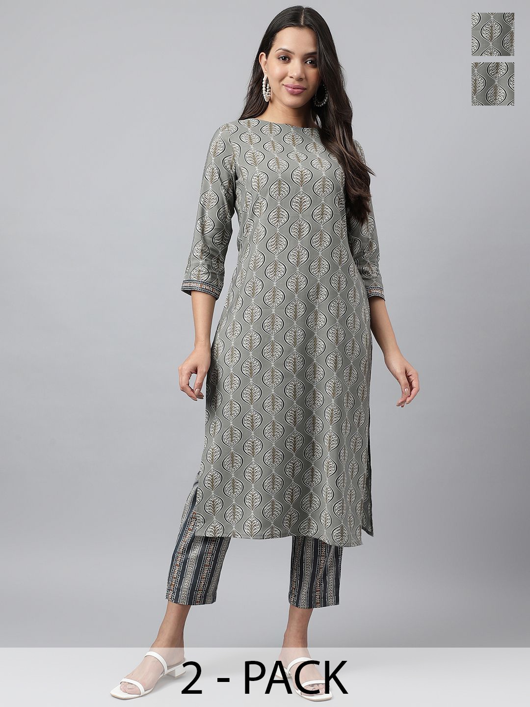

KALINI Selection Of 2 Ethnic Motif Printed Boat Neck Straight Kurtas With Trousers, Grey