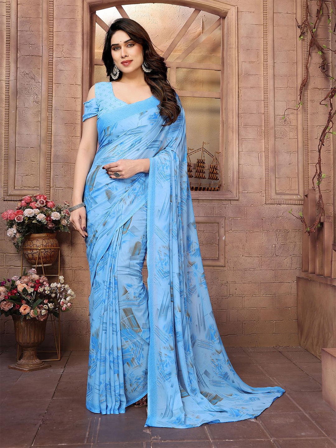 

ANAND SAREES Poly Georgette Saree, Blue
