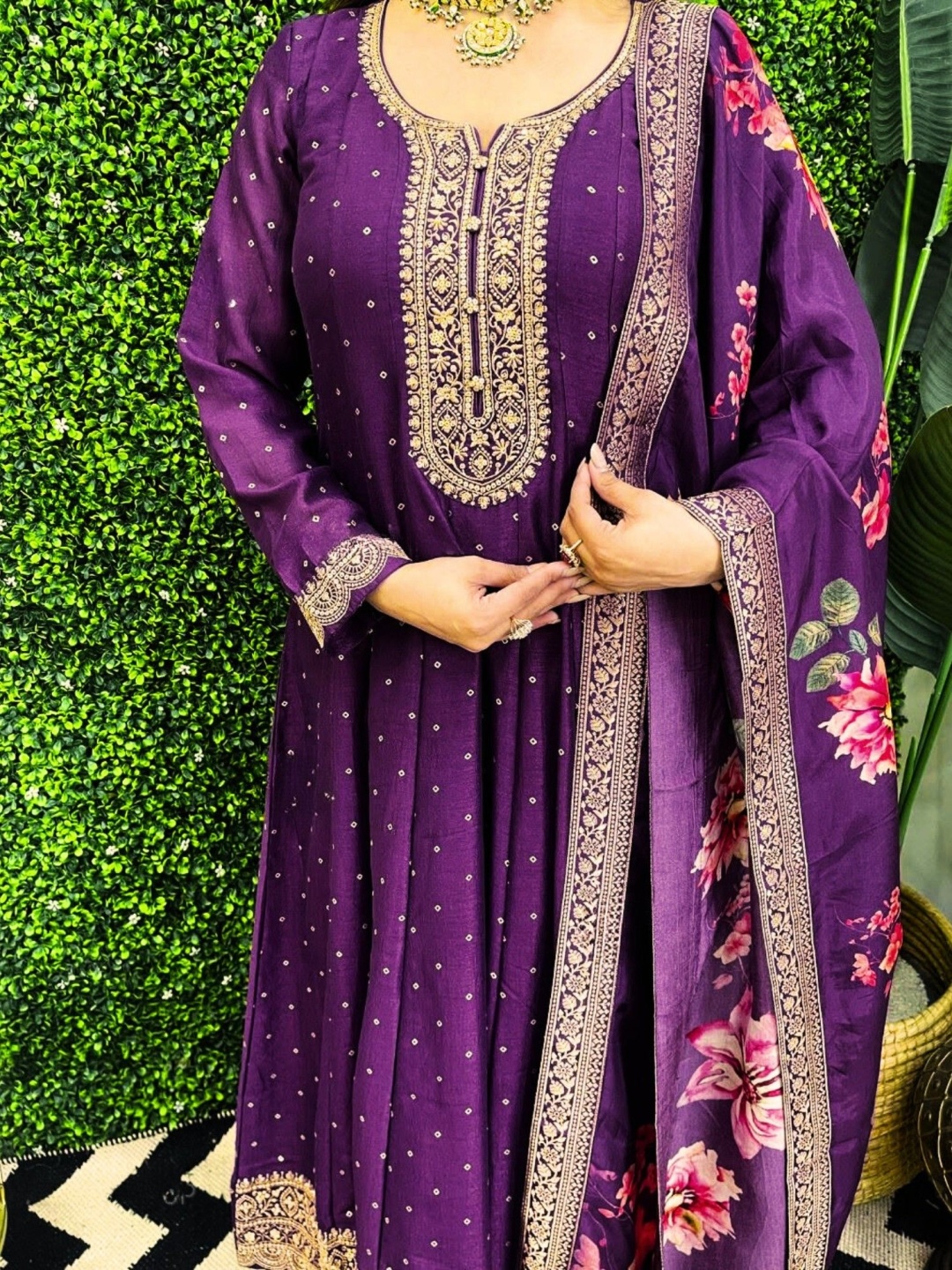 

KALINI Bandhej Printed Sequinnce Embroidered Kurta with Trousers & With Dupatta, Purple