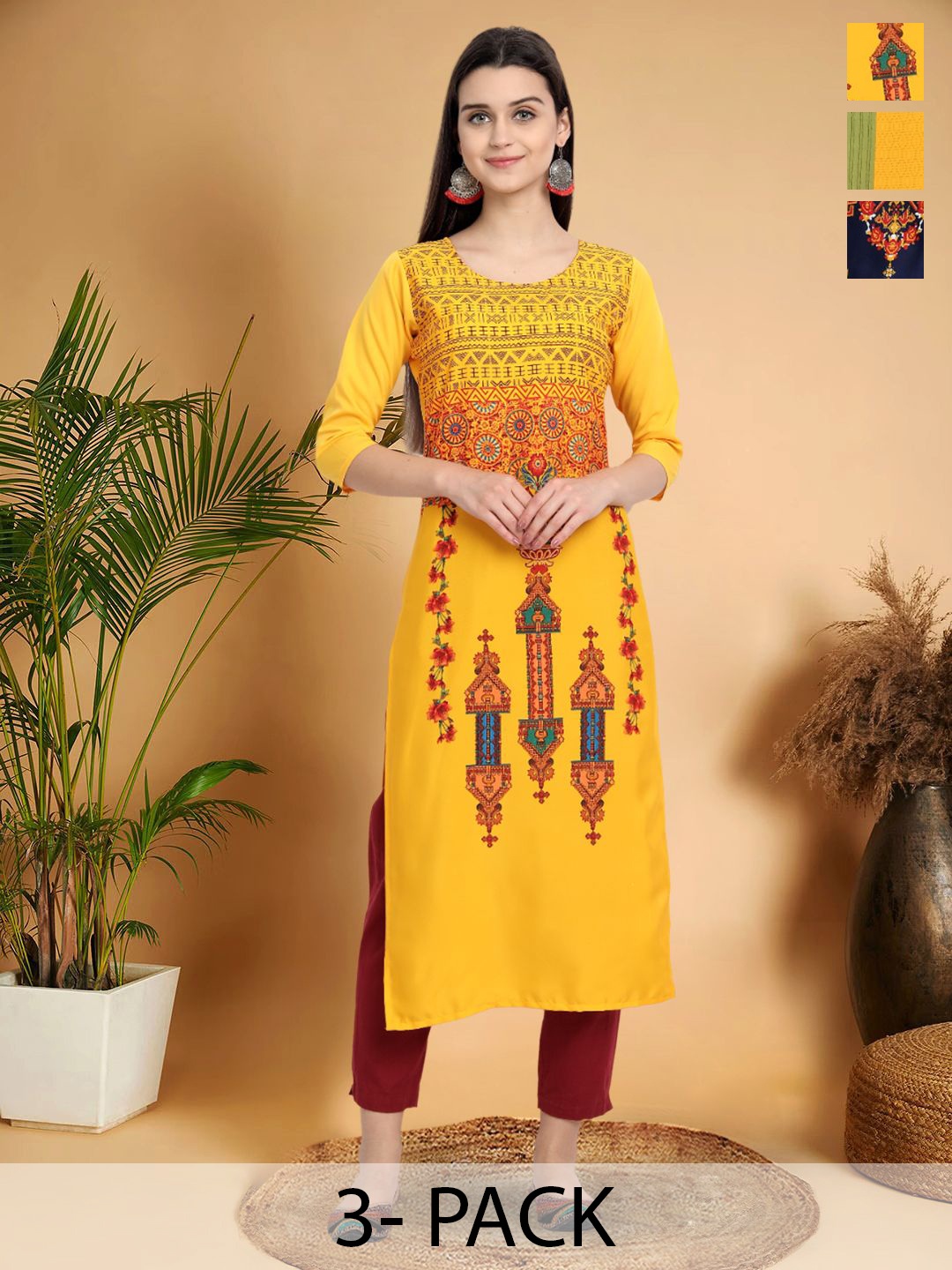 

7Threads Selection Of 3 Ethnic Motifs Printed Round Neck Kurtas, Yellow