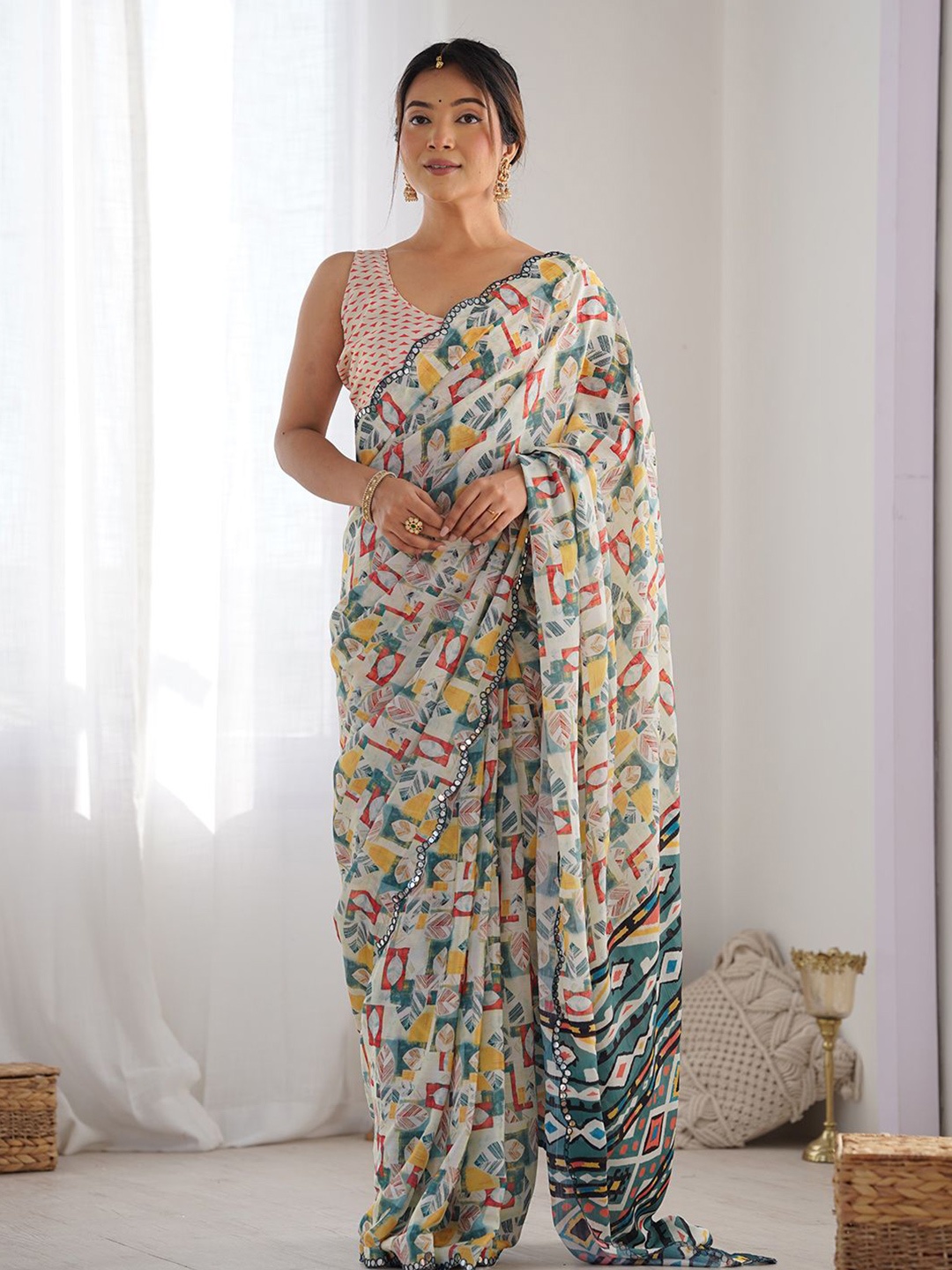 

Panzora Mirror Work Poly Chiffon Saree, Blue