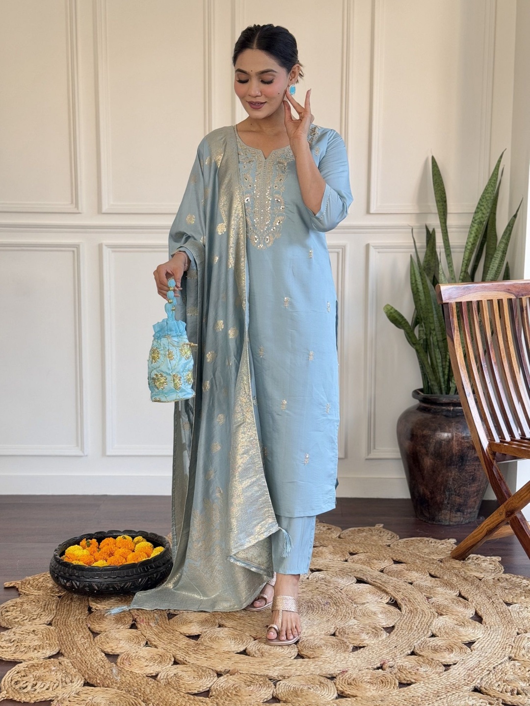 

KALINI Floral Embroidered Straight Kurta with Trousers & With Dupatta, Grey