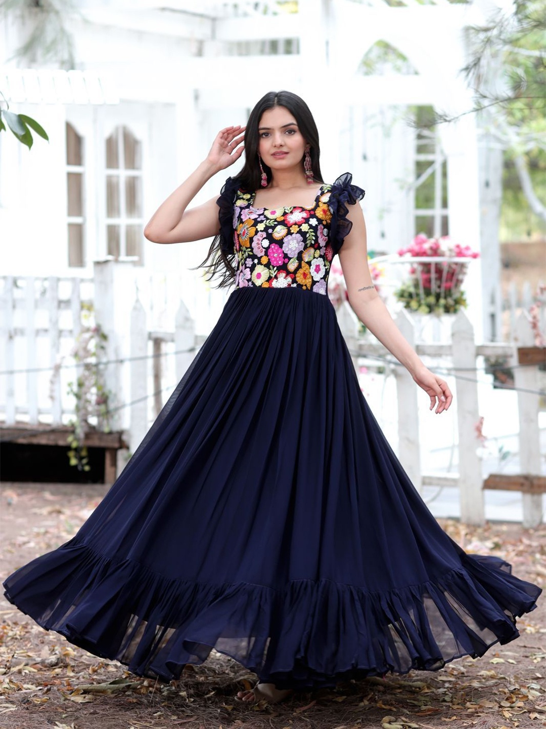 

Tilton Tie and Dye Embroidered Georgette Fit & Flare Maxi Dress, Navy blue