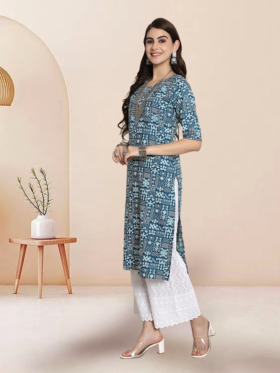 

7Threads Selection Of 3 Ethnic Motifs Printed Round Neck Straight Kurtas, Navy blue