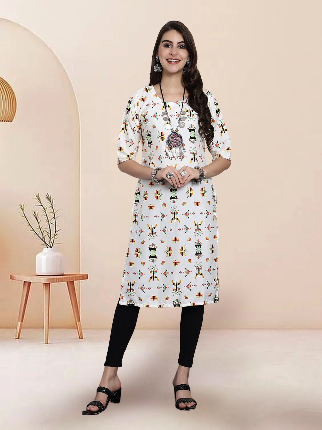 

7Threads Selection Of 2 Geometric Printed Round Neck Straight Kurtas, White