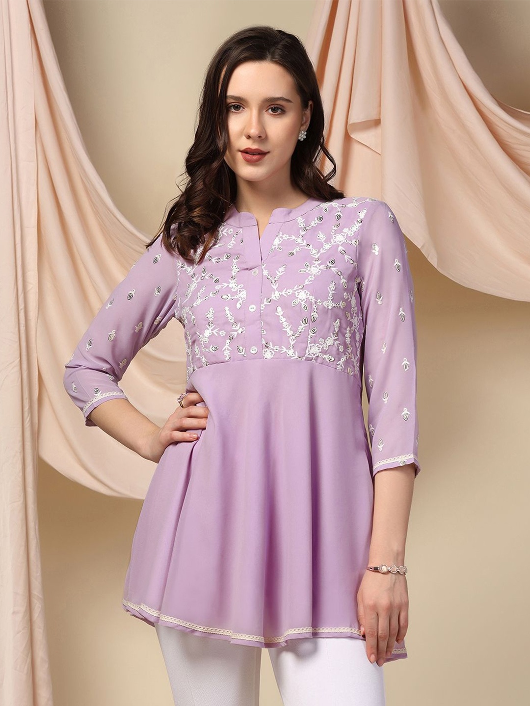 

Moda Rapido Embellished Embroidered Mandarin Collar Georgette Top, Lavender