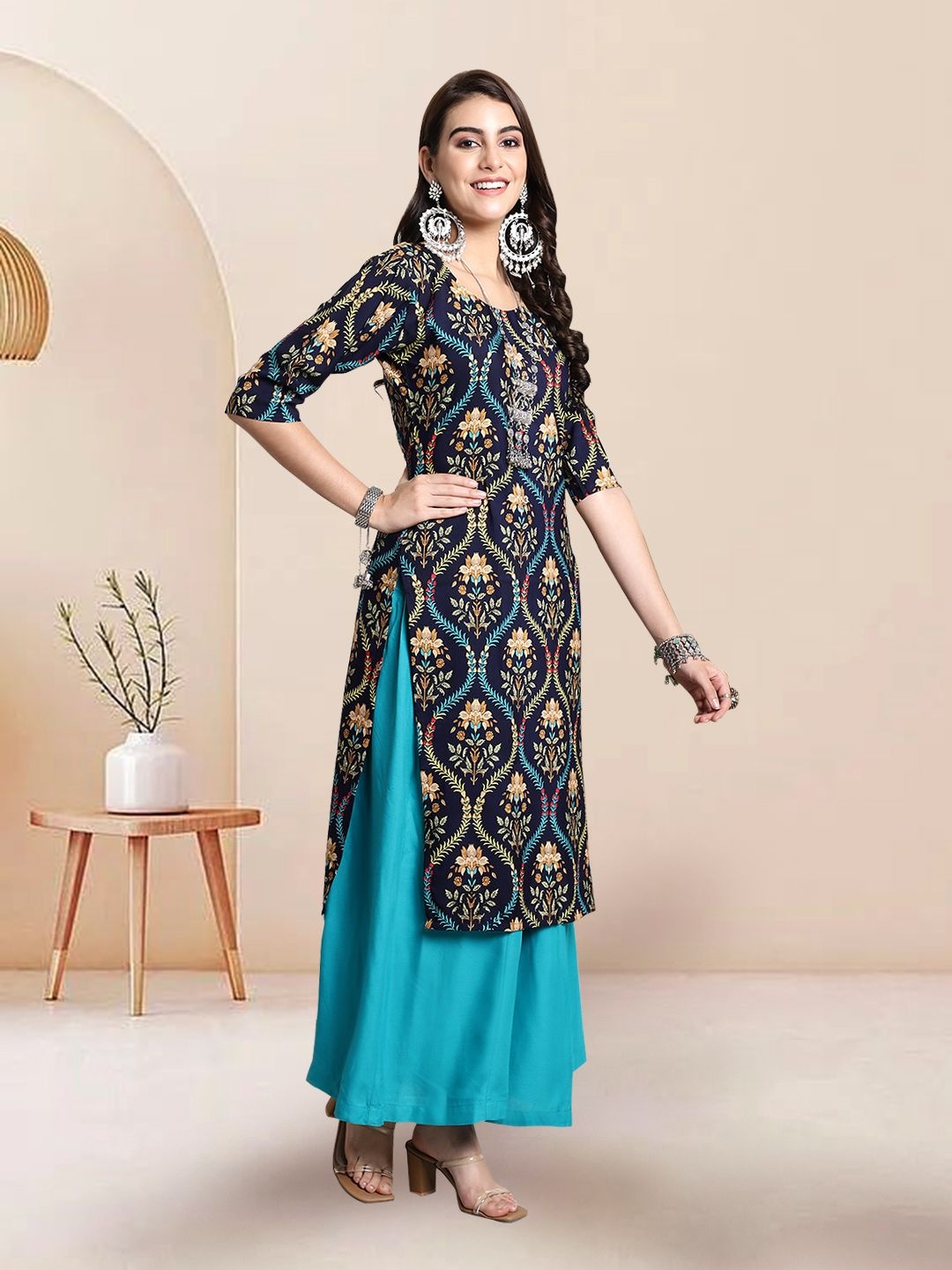 

7Threads Selection of 5 Floral Printed Round Neck Straight Kurtas, Navy blue