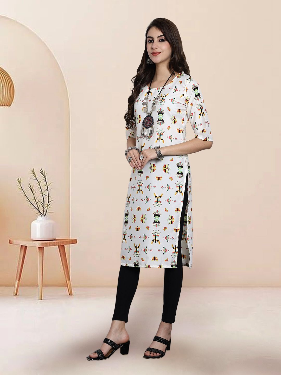 

7Threads Selection Of 3 Geometric Printed Round Neck Straight Kurtas, White