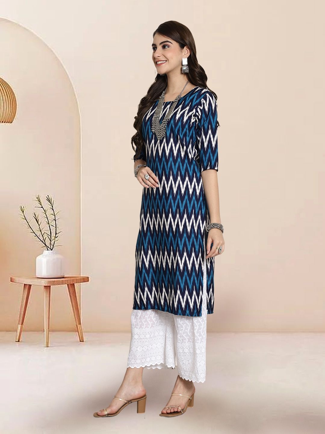 

7Threads Selection of 3 Chevron Printed Round Neck Straight Kurtas, Blue