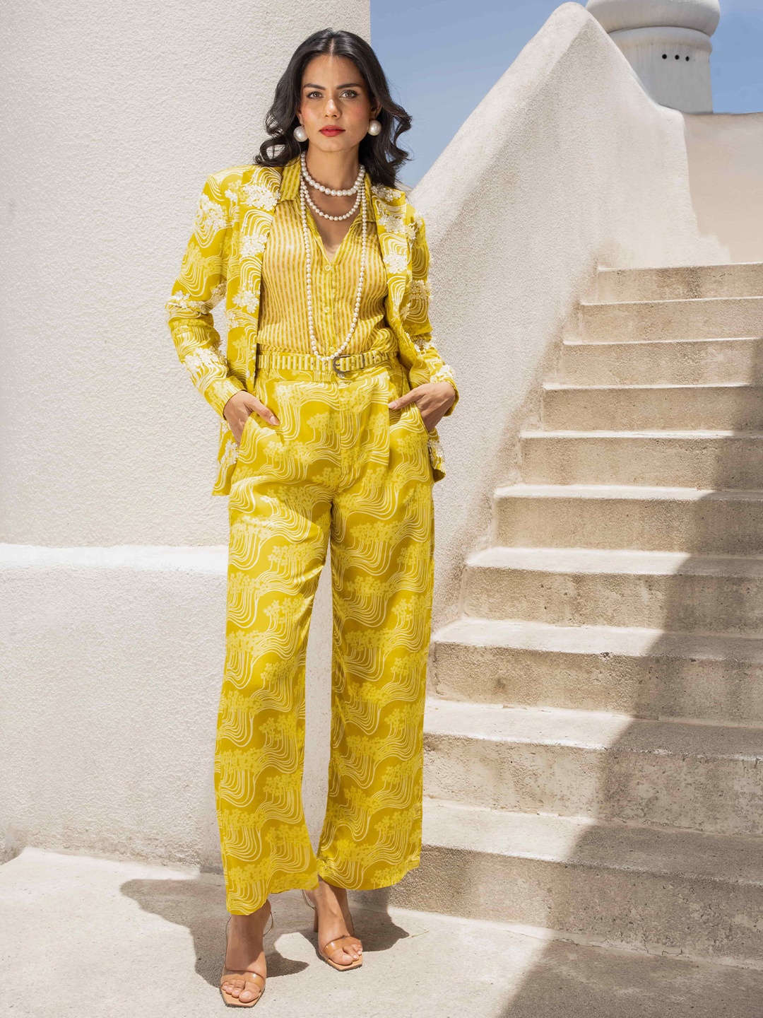 

Pallavi Jaipur Printed Long Sleeves Shirt With Trouser And Blazer, Lime green