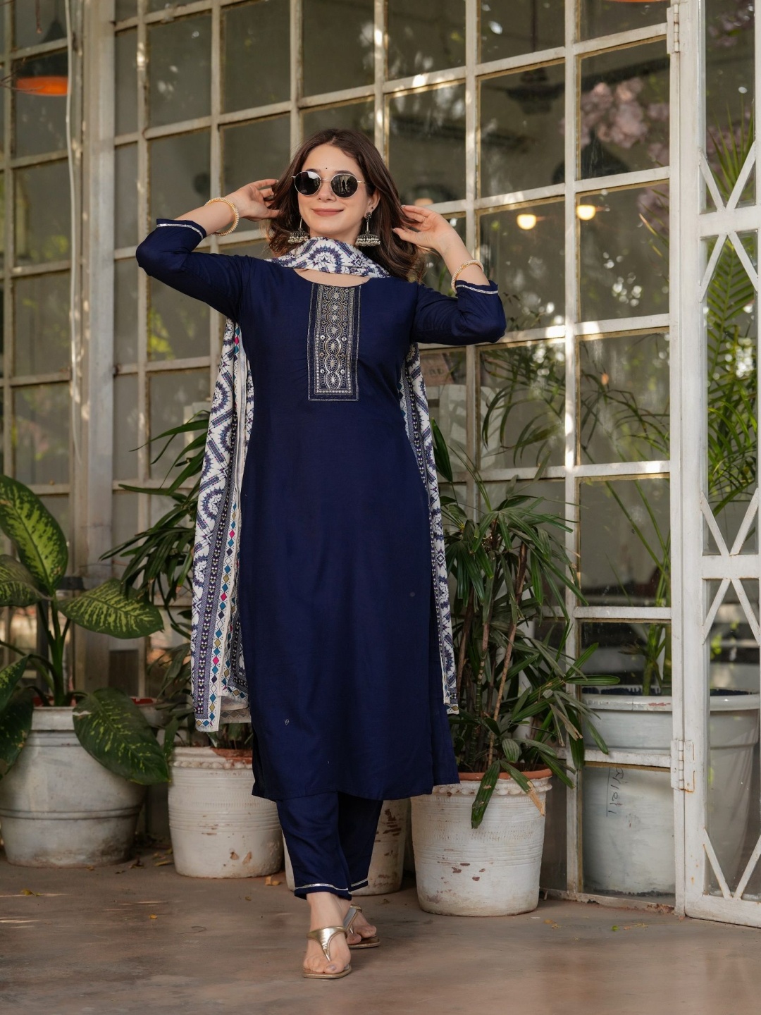 

KALINI Sequinnce Embellished Kurta with Trousers & With Dupatta, Navy blue