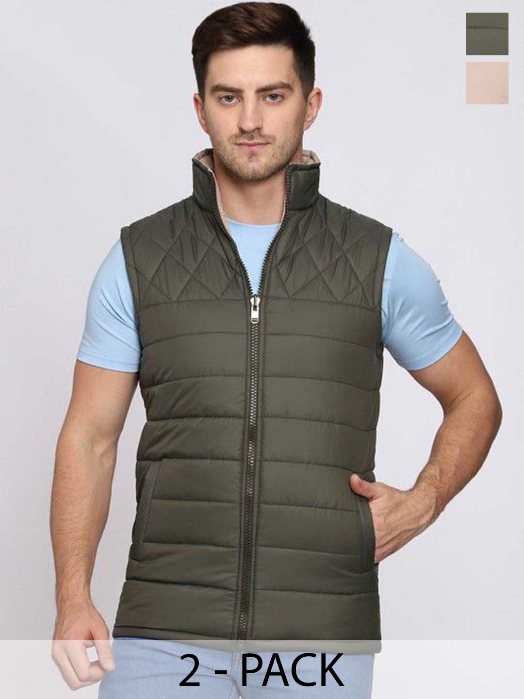 

Mark Leute Men Mock Solid Collar Reversible Gilet Jacket, Olive