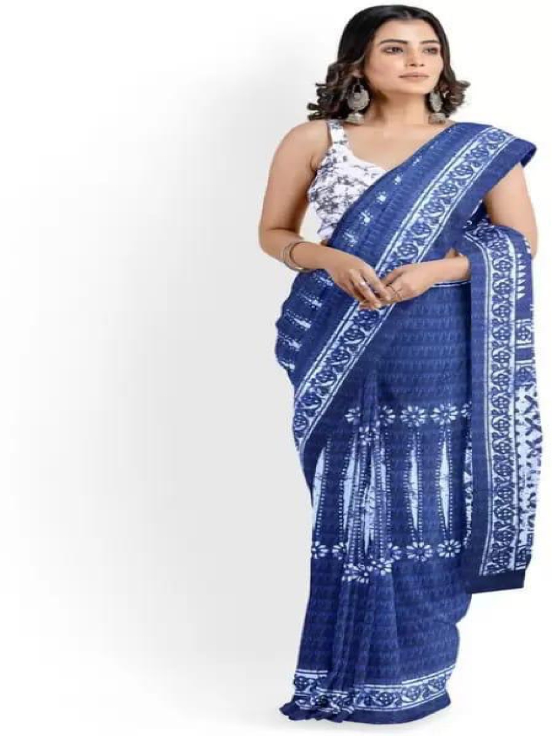 

JALTHER Ethnic Motifs Linen Blend Block Print Saree, Blue